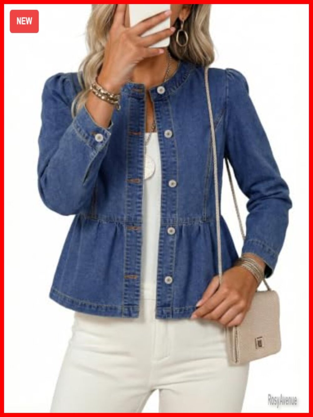 Dokotoo Cropped Denim Peplum Ruffle Hem Puff Sleeve Button Down Jean Jacket